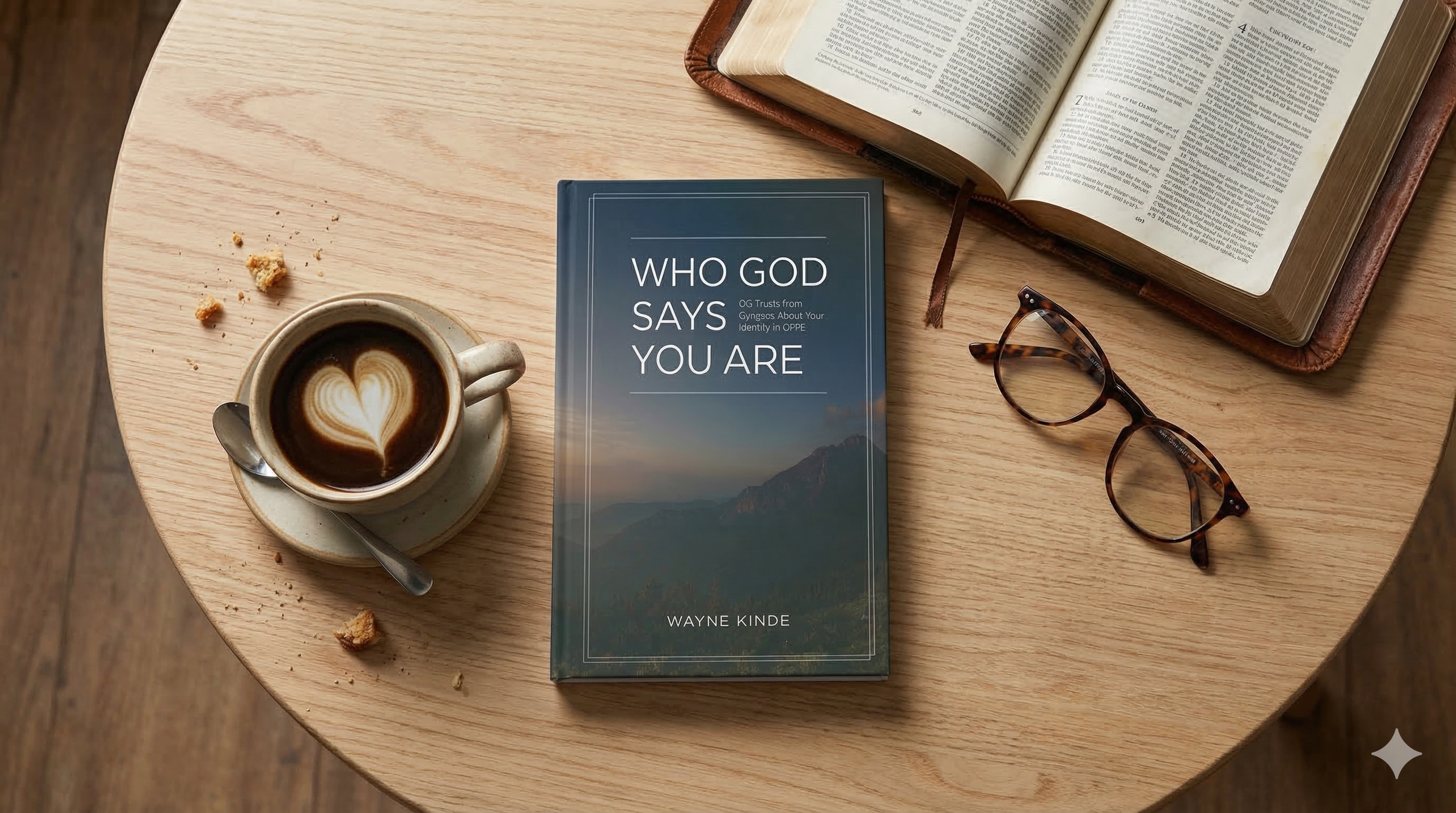 Book titled 'Who God Says You Are' on a wooden table with a cup of coffee, glasses, and an open book.